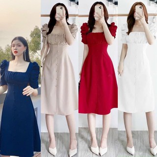 Đầm tay bồng xếp li ngực nút bọc 4 màu