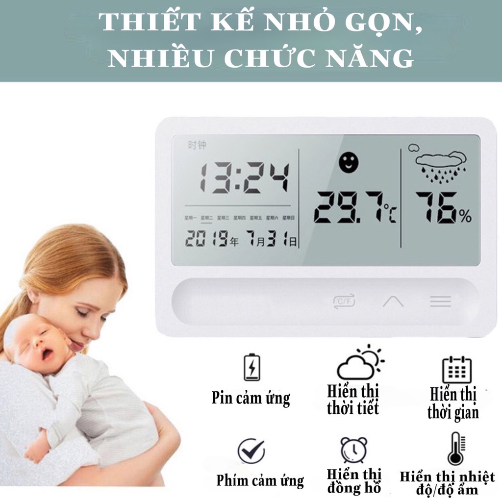 Nhiệt ẩm kế điện tử cao cấp 5 trong 1 dùng nút cảm ứng rất hiện đại Lakids