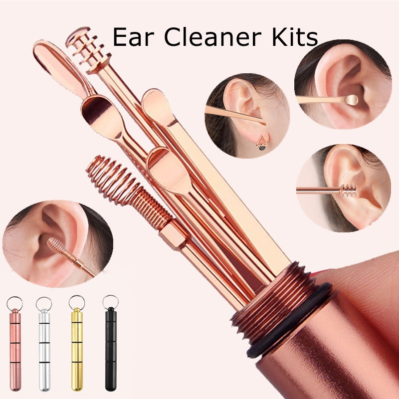 [Hàng mới về] Bộ 6 dụng cụ vệ sinh tai bằng thép không gỉ có thể rút gọn kèm hộp đựng tiện dụng