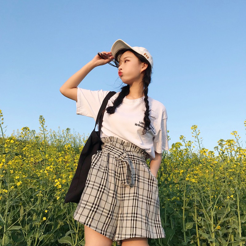 Set áo thun ngắn tay in chữ + quần dài ống rộng kẻ sọc caro thời trang nữ