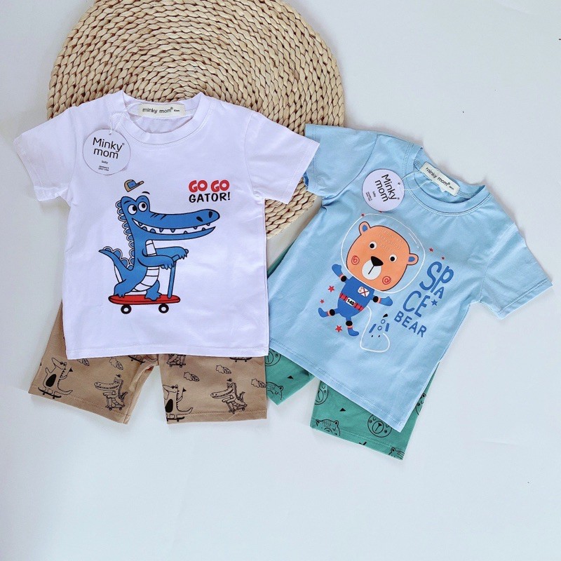 BỘ TAY NGẮN COTTON MINKYMOM HÌNH XE CẦN CẦU- KHỦNG LONG GOGO