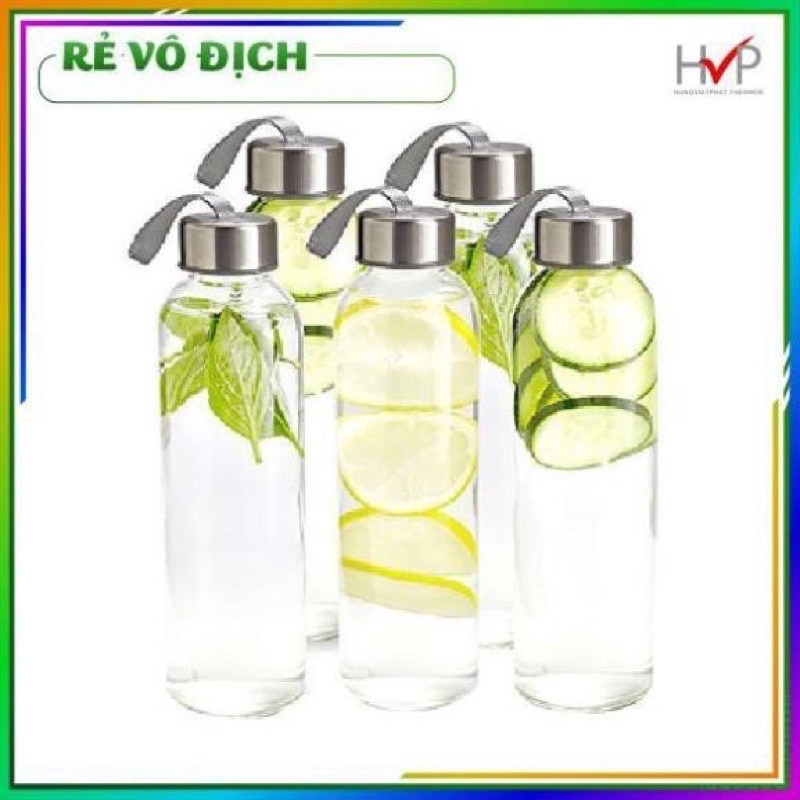 Bình Detox Thủy Tinh 500ml - Chai Đựng Nước Thủy Tinh Có Quai Xách