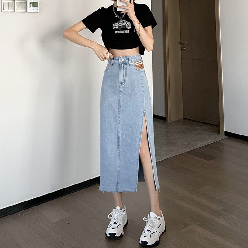 Chân váy jean chữ A lưng cao xẻ tà thời trang mới cho nữ