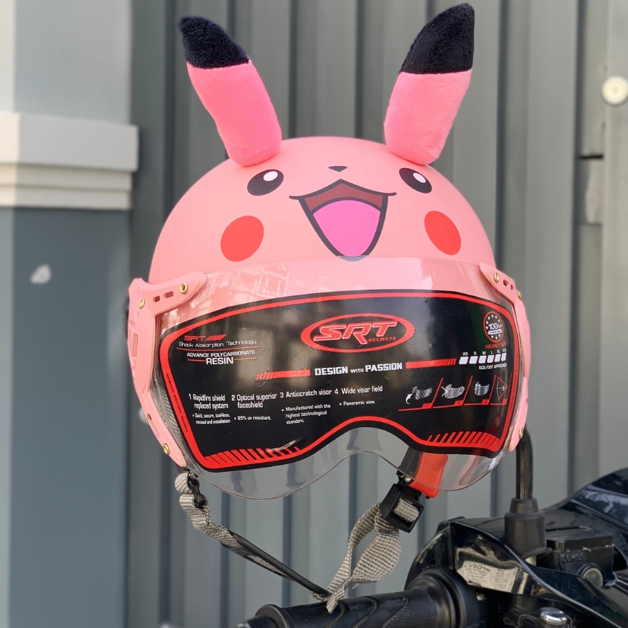 Mũ bảo hiểm nửa đầu SRT Trẻ em kính càng pikachu hồng có tai từ 5-9 tuổi
