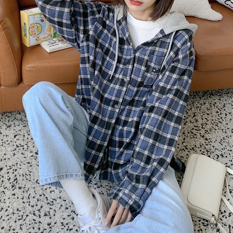 ALICE BLUE - ÁO KHOÁC DẠ FLANNEL KẺ CARO CÓ NÓN MUAH