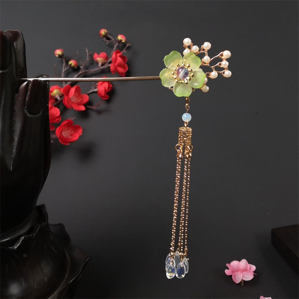 Trâm cài tóc nữ trang trí hoa phối tua rua phong cách Trung Hoa cổ trang