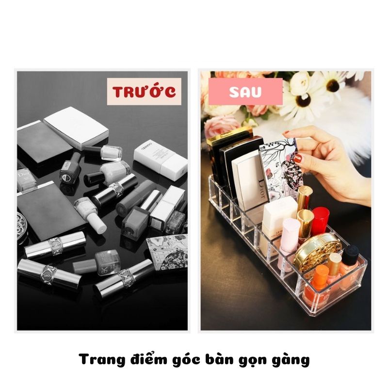 Khay đựng phấn mắt, son môi trong suốt 8 ô cao cấp dày dặn đa năng