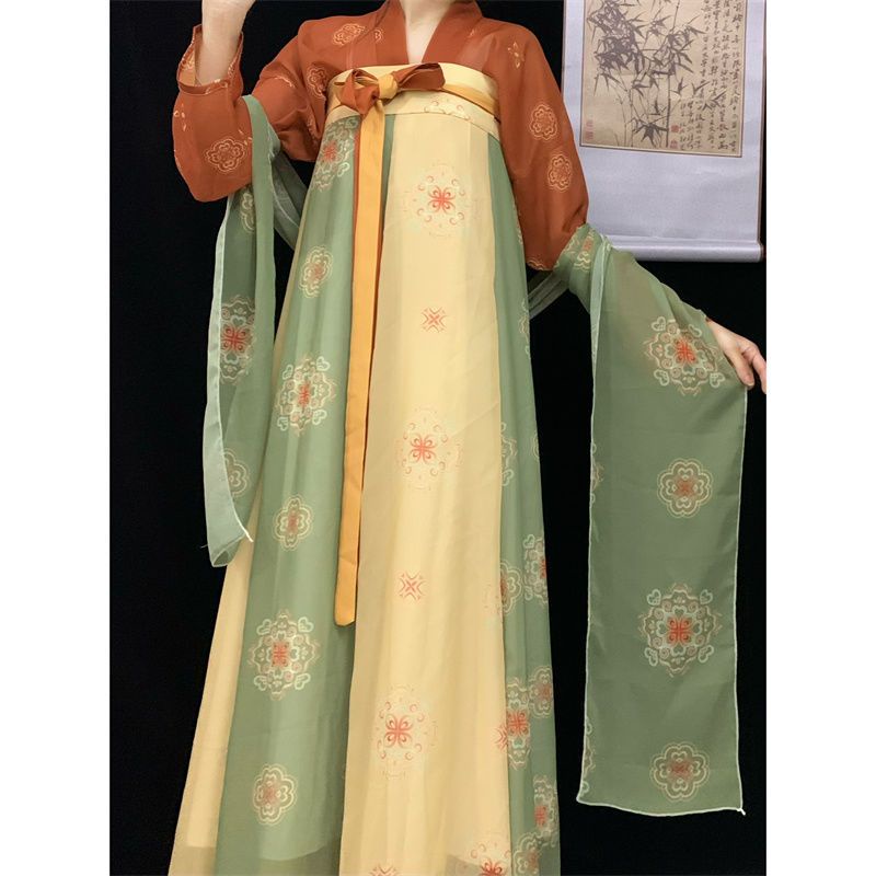 (((M &amp; E) Váy Hán Phục Dáng Dài in Họa Tiết Phong Cách Phục Hồi Thời Trang Hantang Huayun Chính Hãng [Fu Shake] Made in Tang One Piece