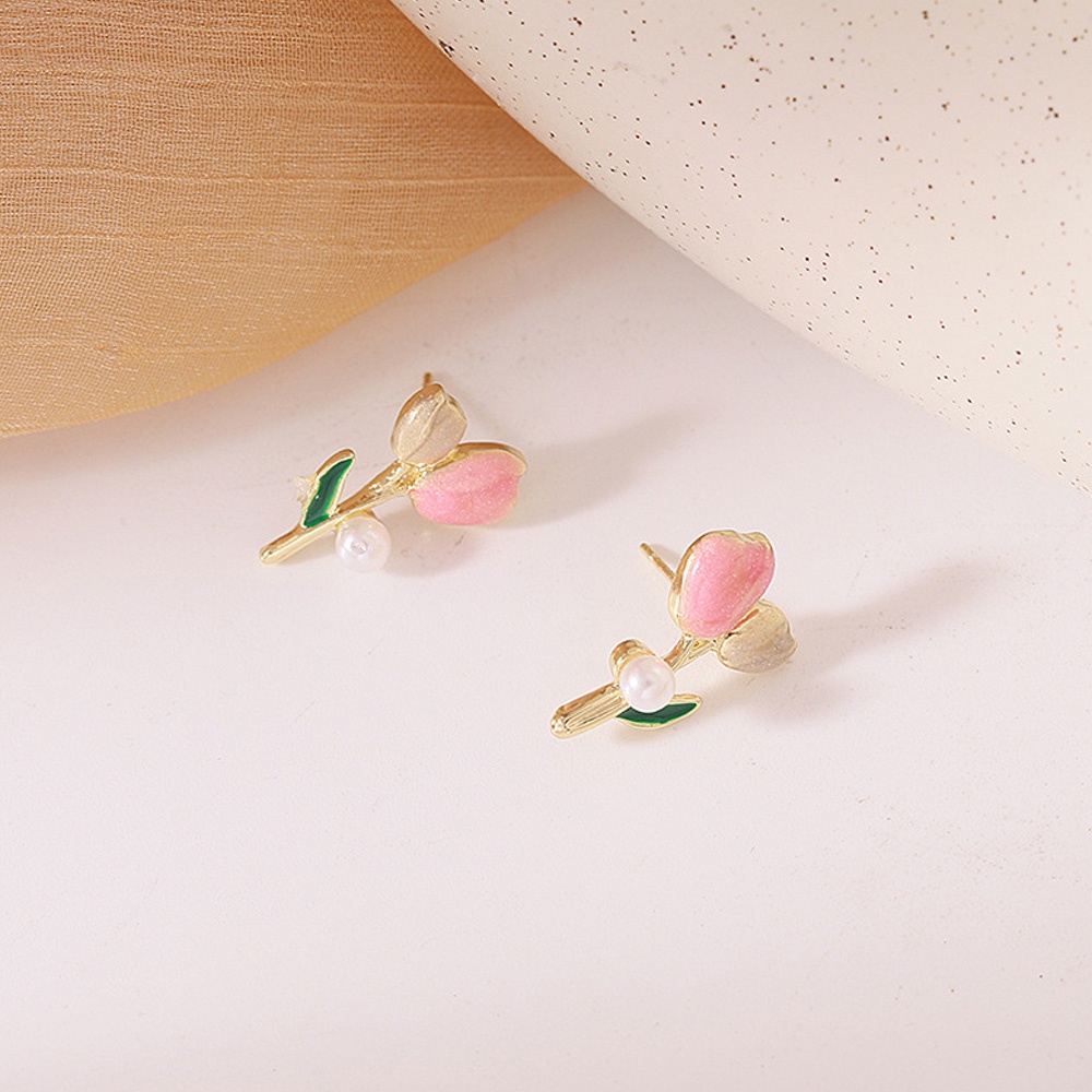 Bông Tai Hoa Tulip Đính Ngọc Trai Hồng Xinh Xắn Thời Trang dreamdiary