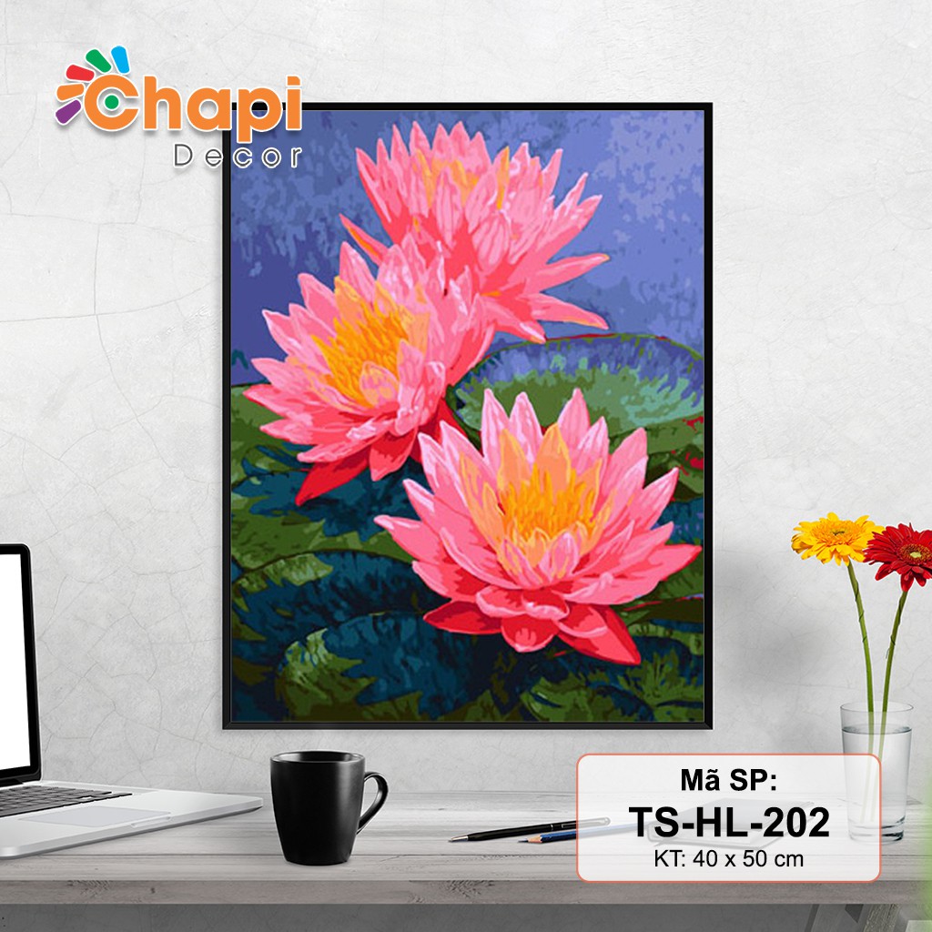 Tranh Tô Màu Số Hóa Hoa Sen, Tranh sơn dầu số hóa, Đã căng khung, Có dầu bóng, KT40x50cm | Chapi Decor