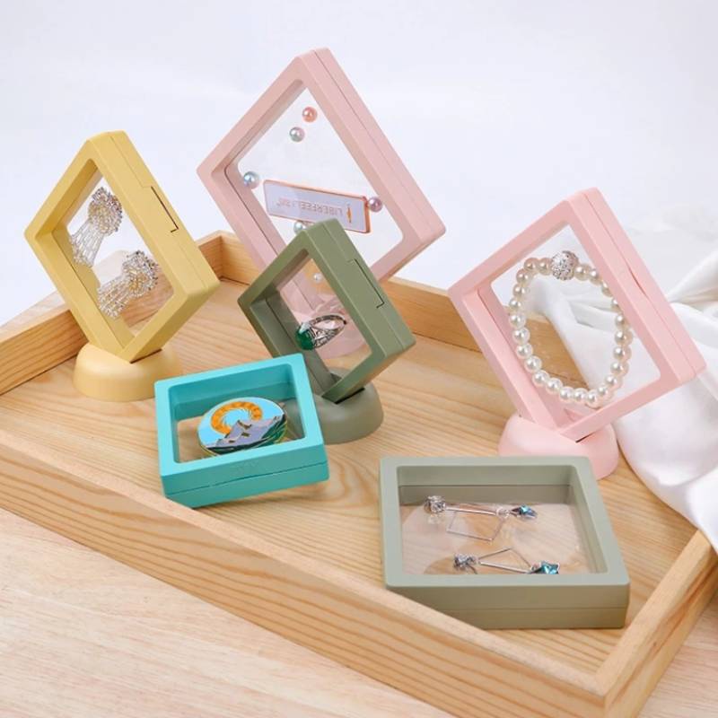 [PE Film Color Brooch Coin Gems Jewelry Storage Box With Base ][Dustproof Suspended Floating Ring Earrings Storage][  Anti-oxidation Portable Ring Pendant Holder][Transparent Display Rack ]