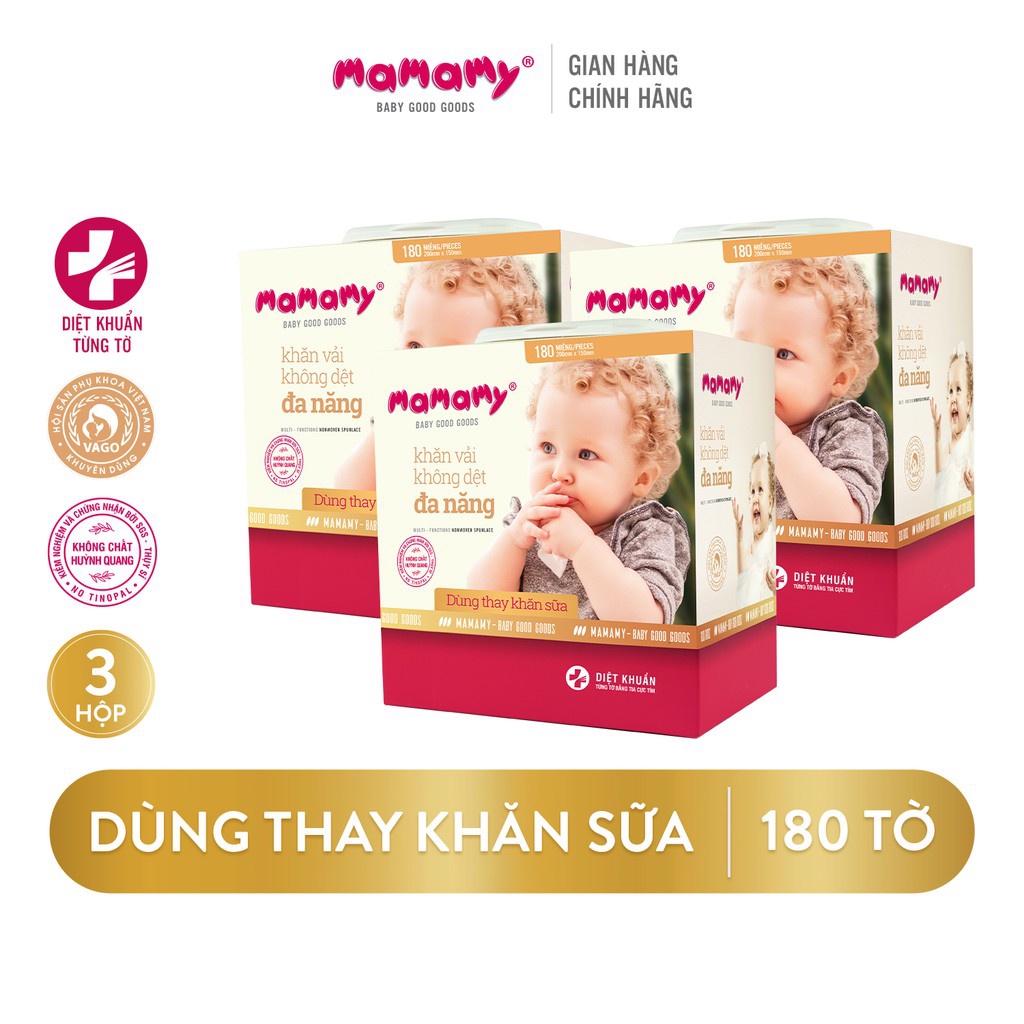 Combo 3 Khăn khô đa năng diệt khuẩn tia cực tím Mamamy Dùng thay khăn sữa an toàn cho bé 180 tờ