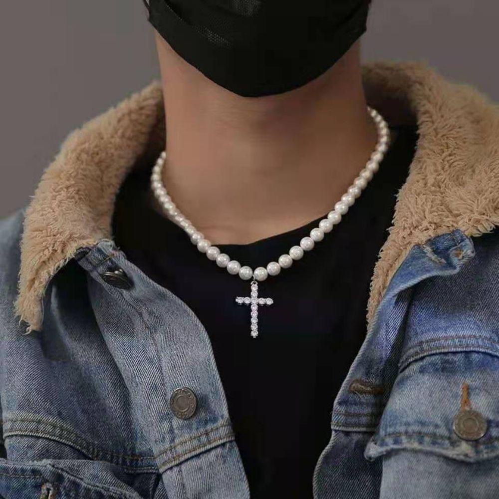 Vòng cổ choker mặt hình thánh giá đính hạt ngọc trai nhân tạo phong cách punk thời trang dành cho nam nữ