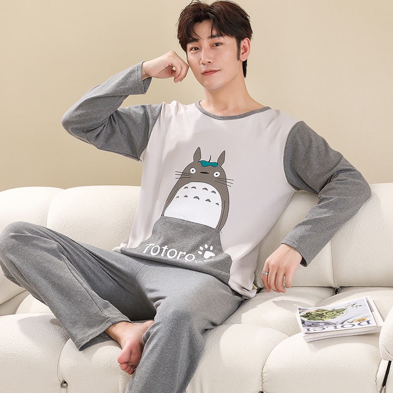 Bộ Đồ Ngủ Tay Dài Chất Liệu Cotton In Họa Tiết Hoạt Hình Dễ Thương Cho Nam