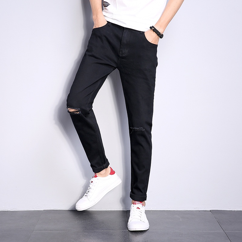 Quần jean đen nam hoạ tiết rách gối kiểu dáng skinny ống bó vải co giãn