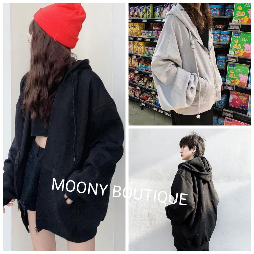 Áo Khoác Hoodie Nỉ Dáng Rộng Dài Tay Có Khóa Kéo 2 Màu UniSex Nam Nữ