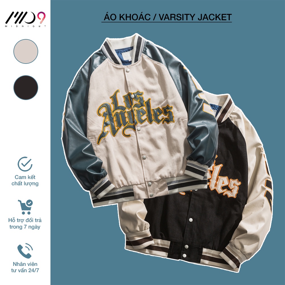 (Ảnh thật) Áo khoác Varsity Jacket MID9 unisex nam nữ họa tiết thêu Los Angeles phối tay da