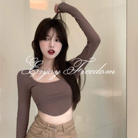 Enjoy Freedom Áo Thun Tay Dài Cổ Chữ U Thiết Kế Không Đồng Đều Thời Trang 2022 Mới Cho Nữ áo croptop