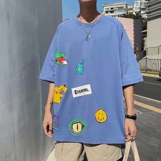 Áo thun tay ngắn cổ tròn dáng rộng in hoạt hình phong cách hàn quốc cá tính cho nam size s-8xl
