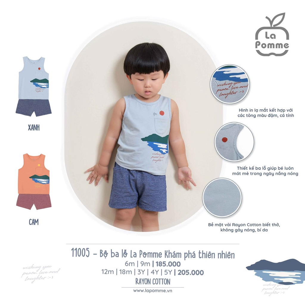 Bộ ba lỗ La Pomme chất vải Cotton cao cấp thoáng mát thấm hút tốt khám phá thiên nhiên cho bé trai bé gái 11005