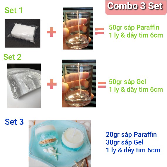 Combo 3 Set tiết kiệm tự làm 3 Ly nến sáp Paraffin Malaysia &amp; GEL tặng kèm CÁT, SỎI trang trí- 9293store - 9293kitdecor