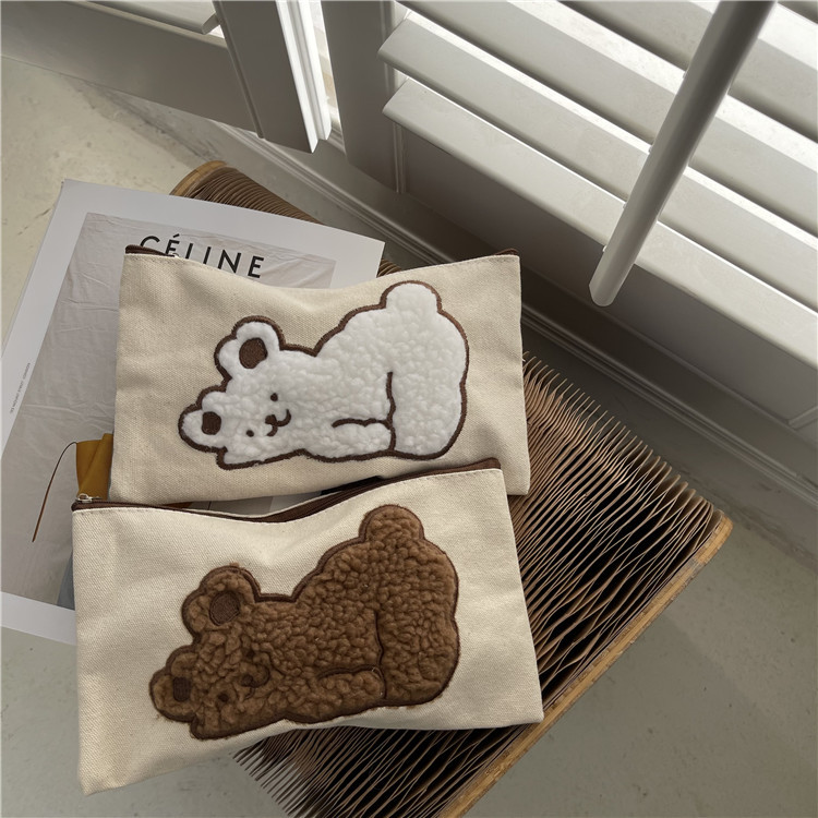 Túi Đựng Bút/Mỹ Phẩm Vải Canvas Họa Tiết Chú Gấu Dễ Thương Phong Cách Hàn Quốc