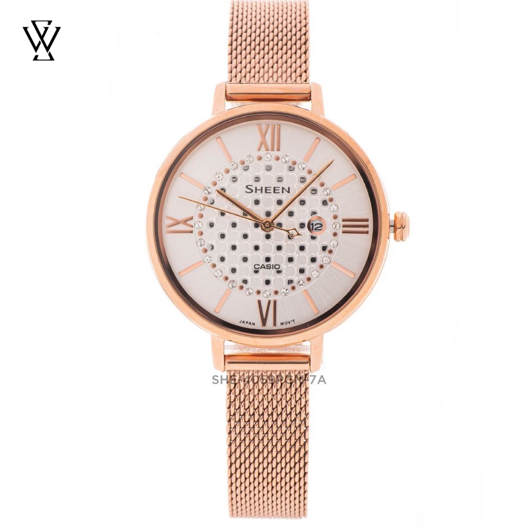 Đồng Hồ Quartz Nữ Casio Sheen WATCHSTORE SHE-4059PGM-7AUDF Thiết Kế Mặt Kính Khoáng 34mm, Dây Kim Loại, Vỏ Thép Không Gỉ