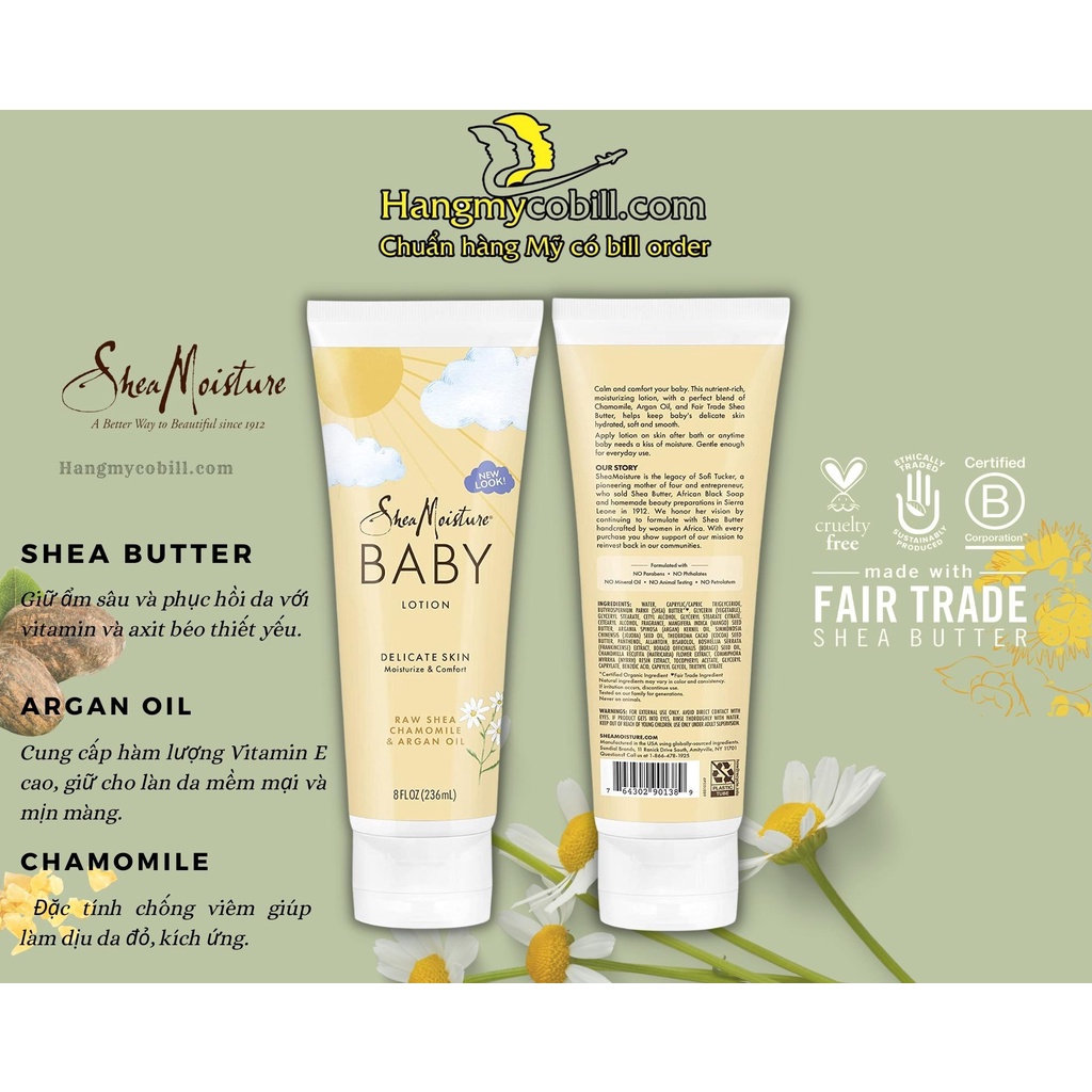 Kem dưỡng da cho bé SheaMoisture Baby Lotion Raw Shea, Chamomile & Argan Oil
