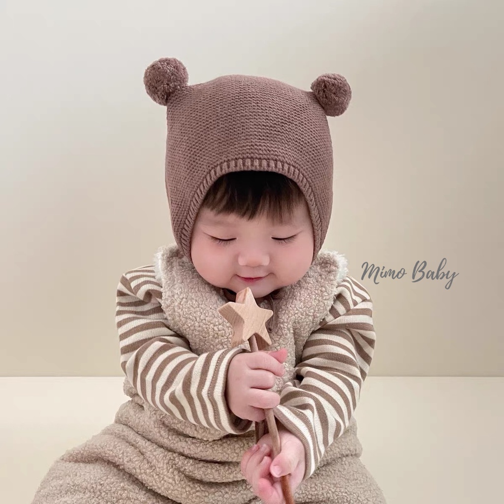 Mũ len buộc dây, nón mùa đông gắn bông dễ thương cho bé ML189 Mimo Baby
