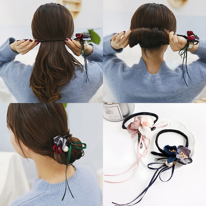 B07 Búi tóc hoa vải kèm ruy băng xinh