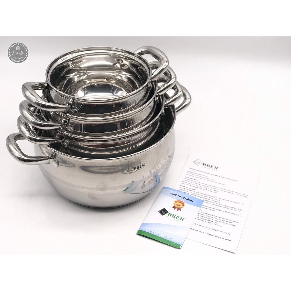 Bộ nồi inox 3 đáy ARBER MODEL TYGER 16,18,20,24cm, 1-6L, Bộ nồi chảo chống dính đáy từ 5 chiếc dùng cho bếp từ, bếp điện