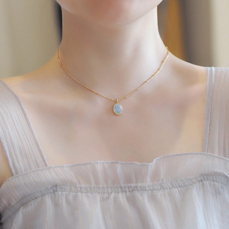 Dây Chuyền Mặt Đá Nhân Tạo Hình Oval Xanh Biển Titan Ko Đen TT 3903