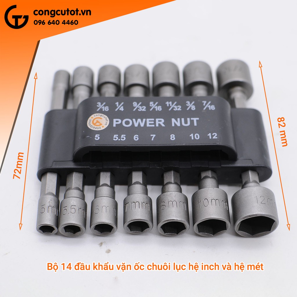 Bộ 14 đầu khẩu vặn ốc chuôi lục hệ inch và hệ mét 5-12mm