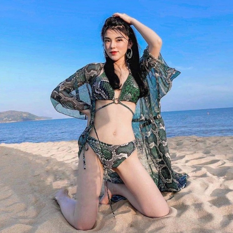 (CAO CẤP) Bộ bikini đồ bơi sexy 3 mảnh đi biển nữ bigsize hàn quốc kèm áo choàng vân rắn xanh SAVVY swimsuit