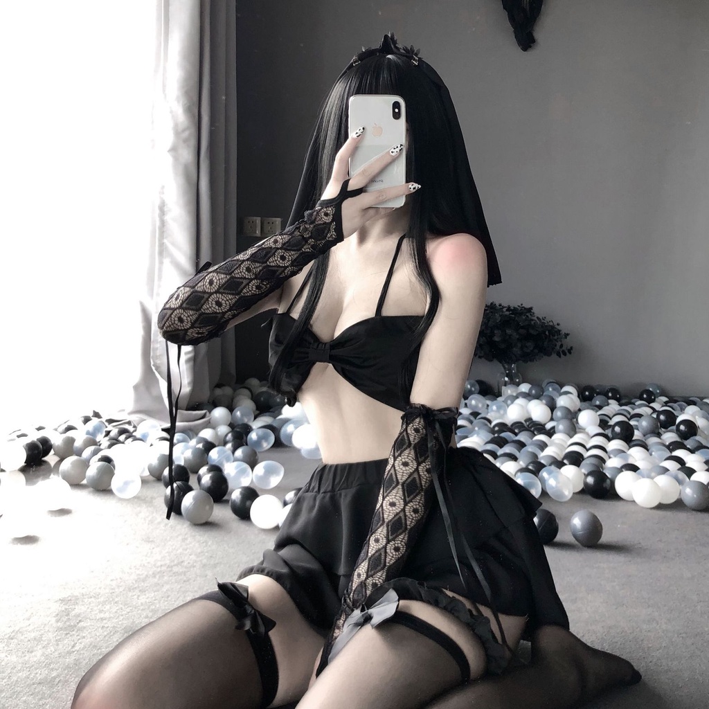 Đồ ngủ sexy đồ ngủ nữ cosplay cô dâu 3 sexy ren lưới hoa văn màu trắng màu đen freesize QUENQUEN store | BigBuy360 - bigbuy360.vn