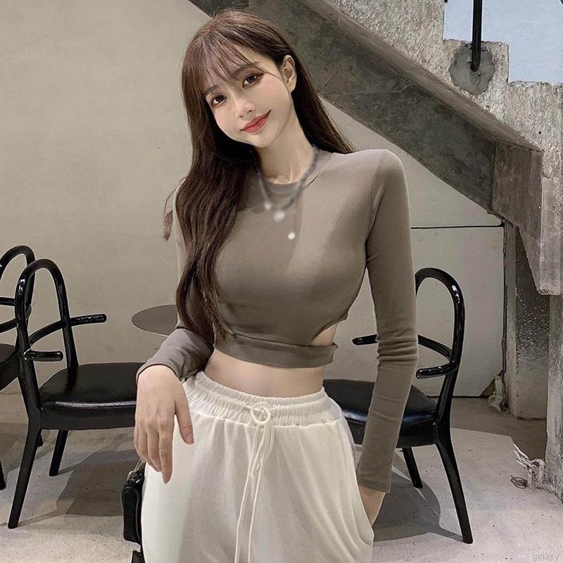 Áo thun croptop tay dài cổ tròn hở eo màu sắc trẻ trung quyến rũ dành cho nữ