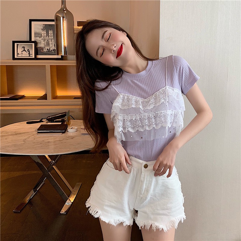 Áo Thun Tay Ngắn Giả Hai Lớp Phong Cách Hàn Quốc Cho Nữ | BigBuy360 - bigbuy360.vn