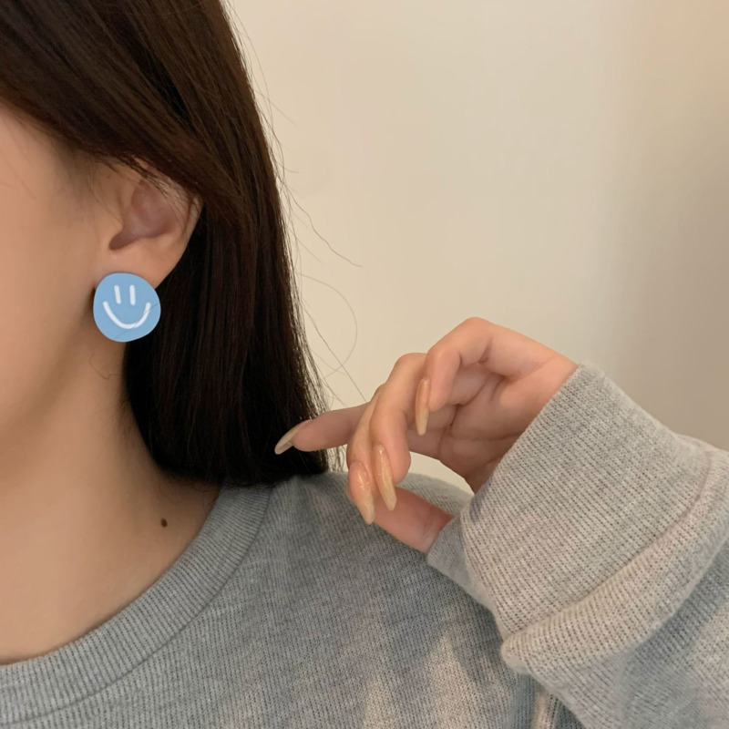 S925 Silver Post Korea Dongdaemun Candy Color Smiley Earrings Simple and Sweet Earrings F480