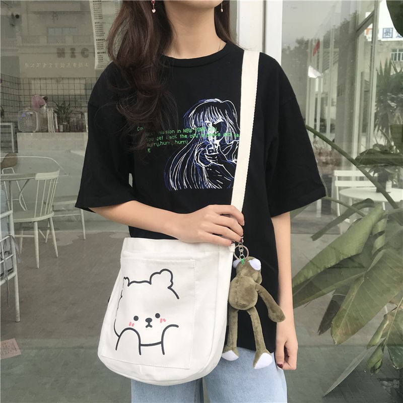 Túi đeo vai vải canvas sức chứa lớn phong cách Hàn Quốc xinh xắn dành cho nữ