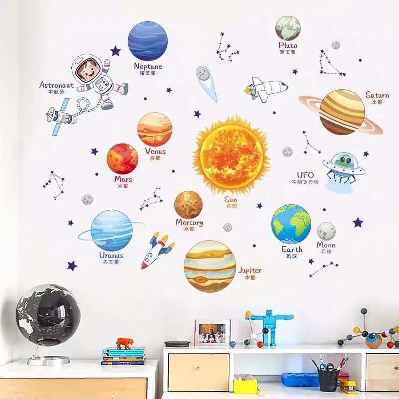 Decal dán tường vũ trụ trang trí phòng ngủ cho bé.