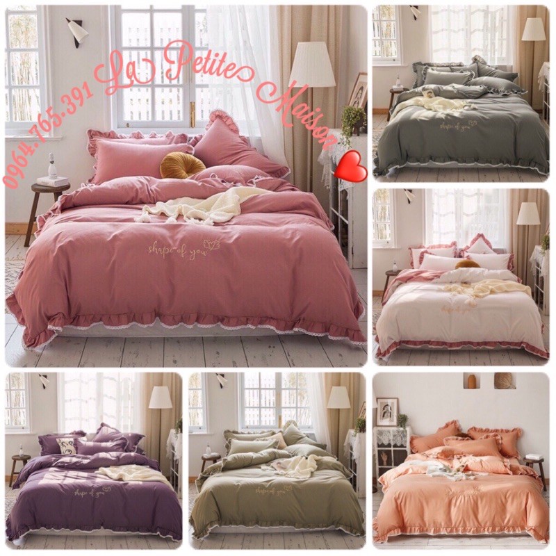 🌈Freeship❤️hình thật🍀 Bộ chăn ga gối lụa đũi bánh bèo trẻ trung