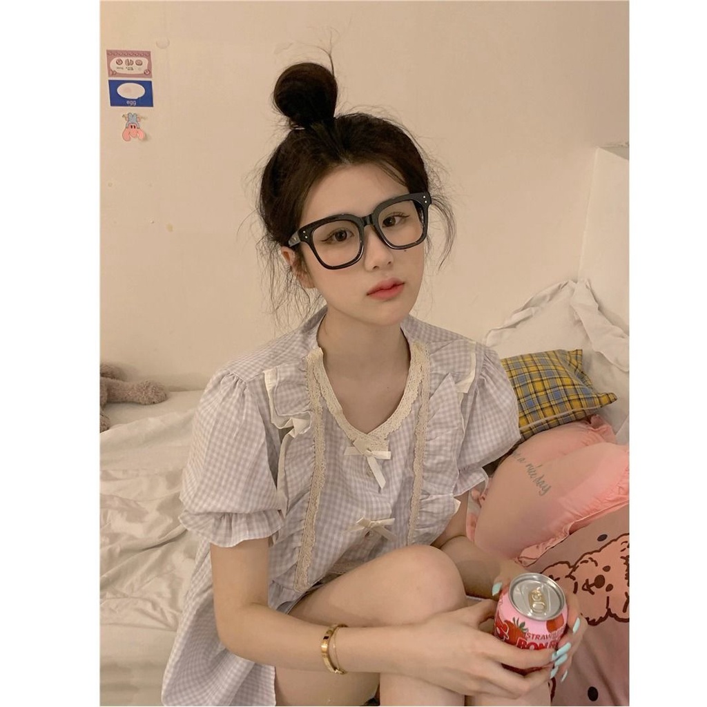 Bộ Đồ Ngủ Áo Tay Ngắn Và Quần Short Họa Tiết Kẻ Ô Nơ Phong Cách Hàn Quốc Dành Cho Nữ
