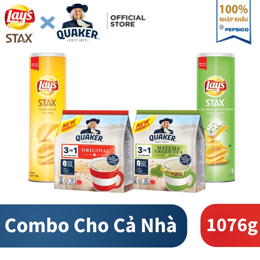 Combo:Yến mạch Quaker 3in1 Vị:Matcha 336g,Truyền Thống 420g &amp; Lay's Stax Khoai Tây Miếng:Tự Nhiên,Kem Chua Hành 160g/hộp