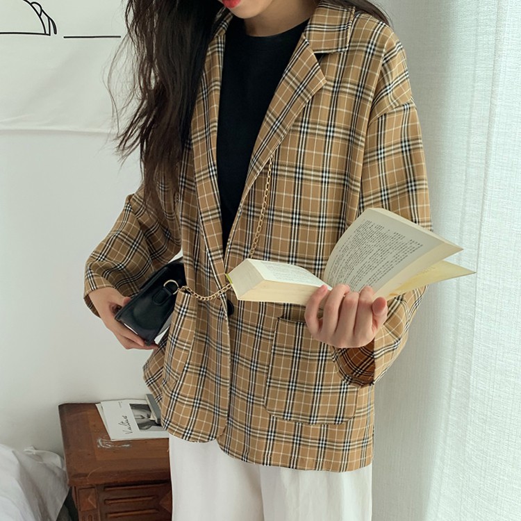 [CÓ SẴN] Áo khoác blazer nữ kẻ caro form rộng dài tay phong cách Hàn Quốc ulzzang