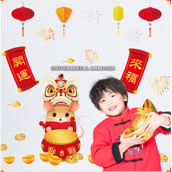 Decal dán Tết - Chuột đánh trống Múa Lân bảng hỷ