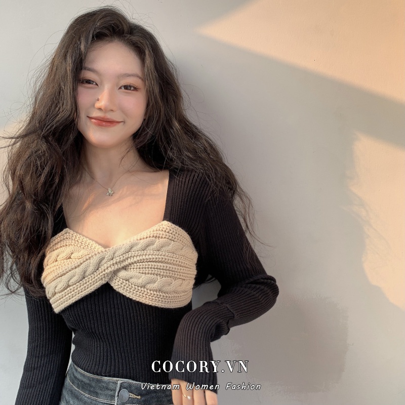 Cocory vn Áo tay dài cổ vuông thời trang cho nữ