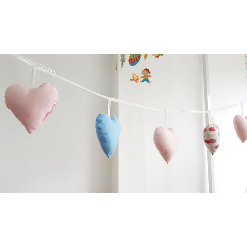 Dây trái tim vải cotton kaki xịn, may đẹp - Dây trang trí, Decor, Sinh nhật, Lều vải Thiên Ý, màu xanh hồng dâu