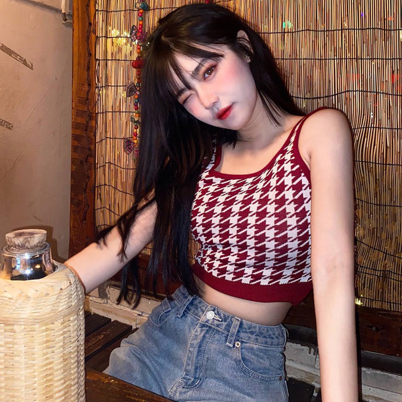 Áo Croptop Dệt Kim Sát Nách Cổ Vuông In Họa Tiết Thời Trang Hàn Quốc Cho Nữ