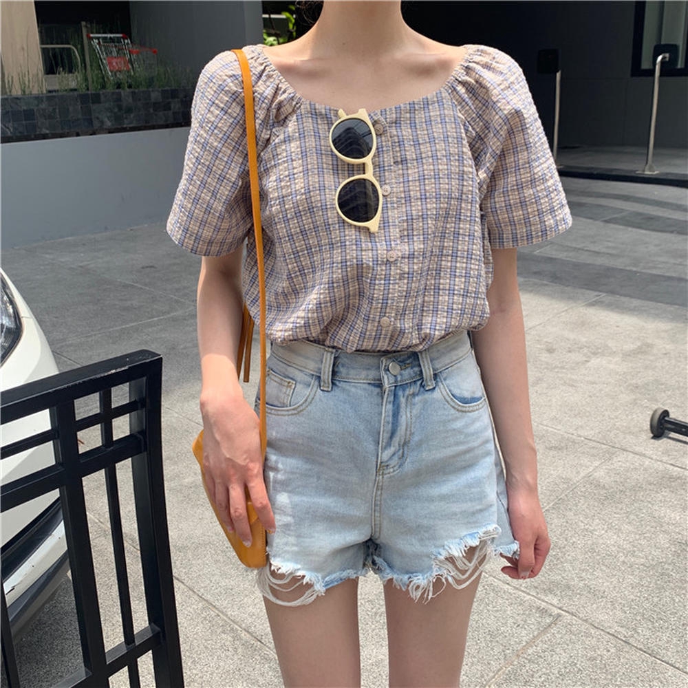 Áo kiểu tay ngắn kẻ sọc cổ vuông cá tính năng động thời trang cho nữ | BigBuy360 - bigbuy360.vn