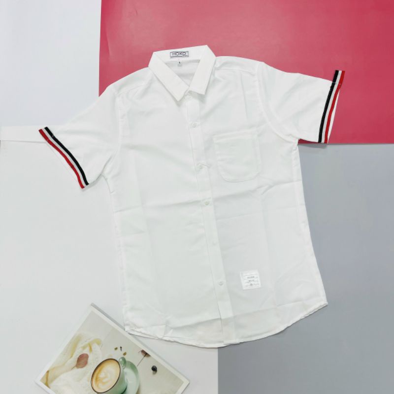 Áo sơ mi nam tay ngắn Thom Browne phối sọc chất mềm mịn cao cấp